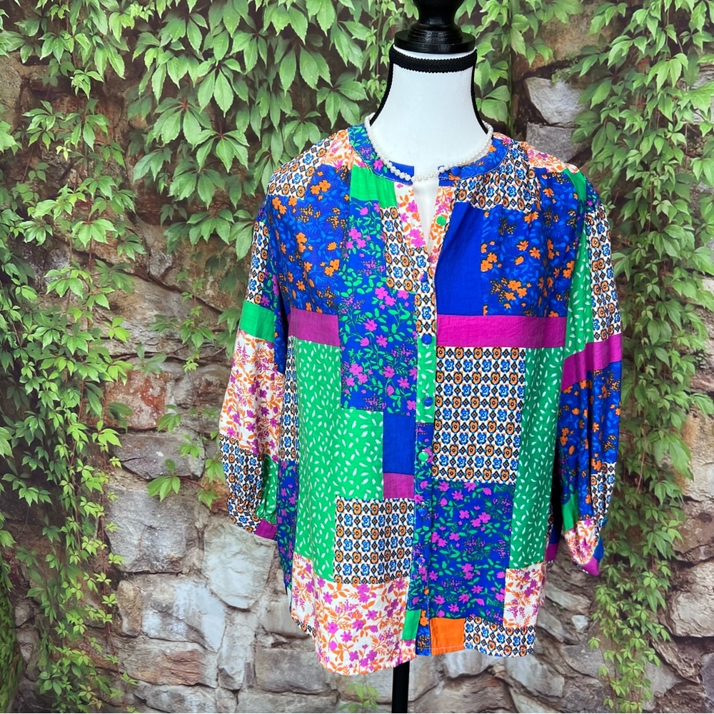 FATE Mixed Media Half-Placket Patchwork Blouse, S - image 9